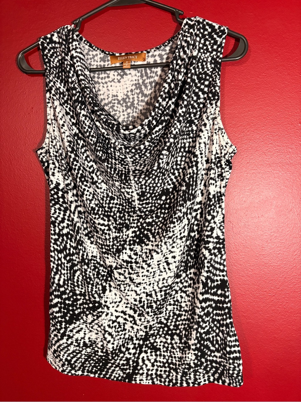 Ellen Tracy Black & White Dotted Cowl Neck Sleeveless Top
